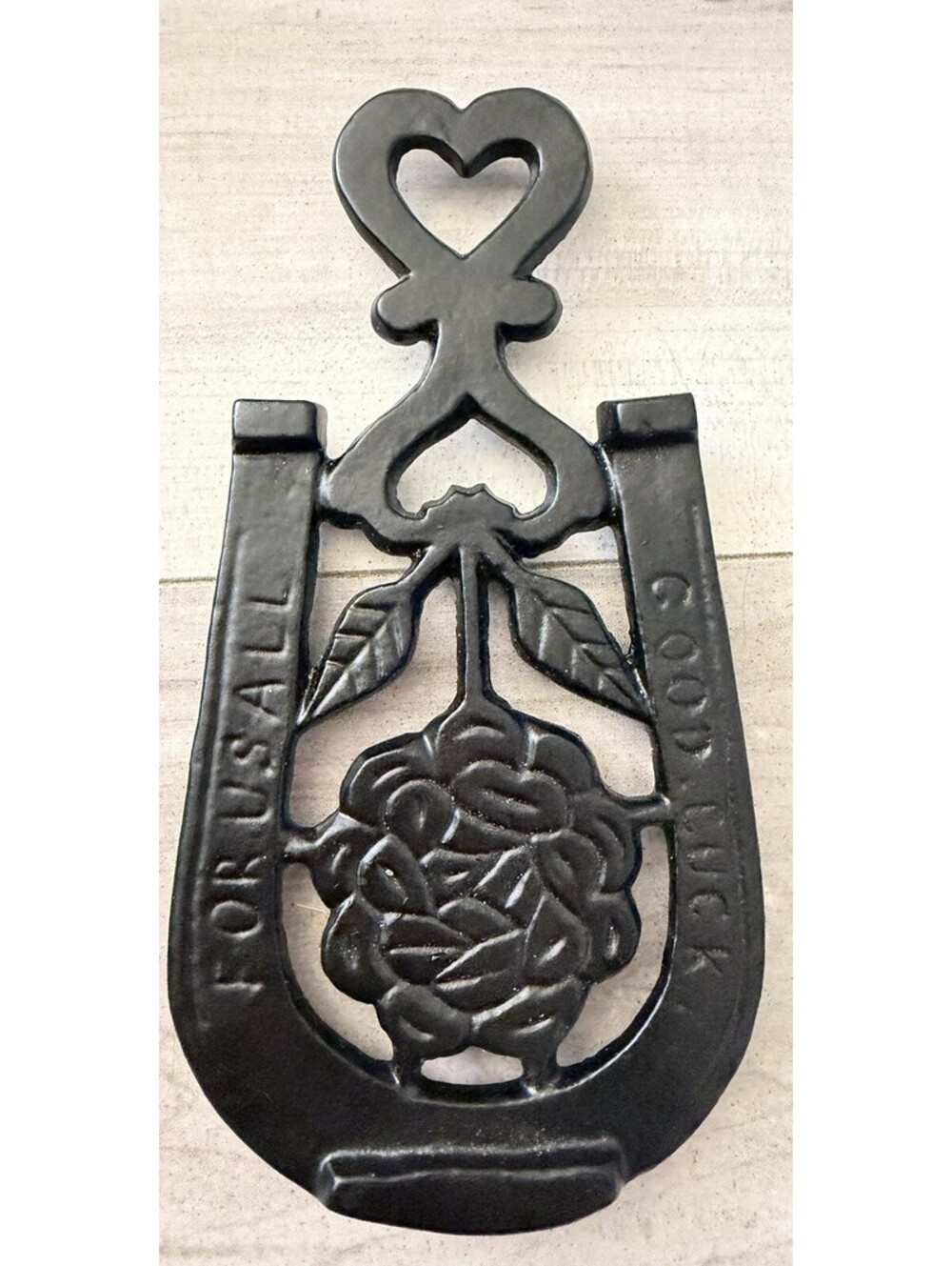 Cast Iron Trivet Flower Hearts Vtg “Good Luck For Us All” Kitchen Decor